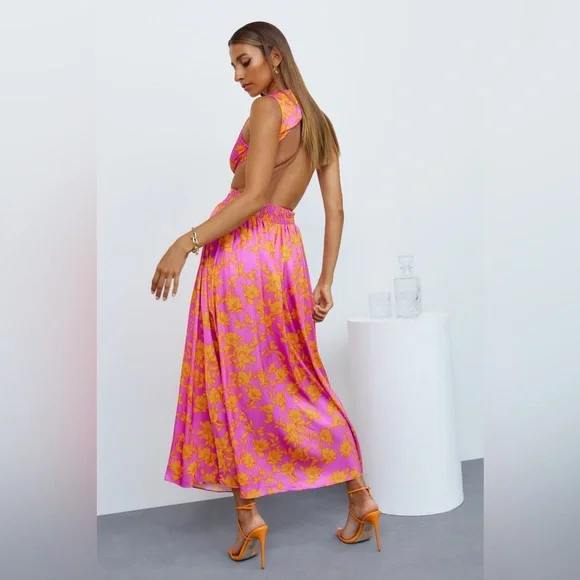 Hello Molly Women’s Size 6 (Medium) Pink and Orange Floral Summer Midi Dress - Picture 3 of 9